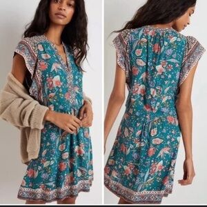 Anthropologie Zenia Green Floral Dress size Small S EUC